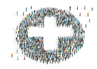 Medical humanitarian aid. Cross made by crowd of people on white background, vector illustration in flat style