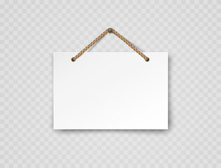 Signboard with rope isolated on transparent background. White blank retail frame. Open, welcome or closed banner on shop door. Entrance store element design