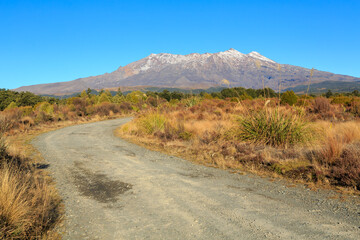 Mount Ruapehu, New Zealand, with a gravel road leading to it