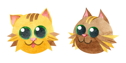 Set of cute cats. Brown, yellow cat with green eyes. Cartoon funny kittens. Hand-drawn watercolor illustrations on a white background. For postcards, prints, children's design, pet stores, stickers.