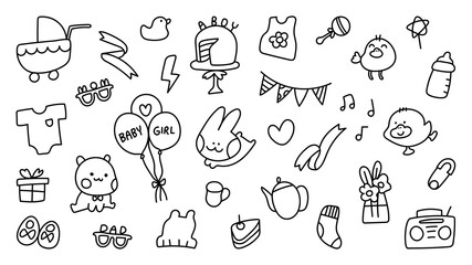 Baby shower cute doodle vector set. Hand drawn design for baby shower greeting card, Holiday card, scrapbook, print. Vector illustration.