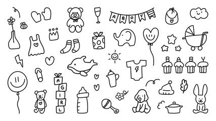 Baby shower cute doodle vector set. Hand drawn design for baby shower greeting card, Holiday card, scrapbook, print. Vector illustration. © TWINS DESIGN STUDIO