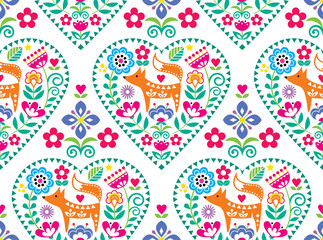 Scandinavian or Nordic heart folk art vector seamless pattern with flowers and fox, floral textile design inspired by traditional embroidery from Sweden, Norway and Denmark
