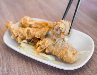 Fried shrimp roll - Taiwanese food cuisine in Tainan, Taiwan restaurant, close up, lifestyle.
