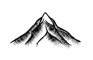 spiky mountain hand-drawn in black ink with brushes. Raster illustration of a lonely hill in the engraving style. Black-white drawing isolated on a white background.