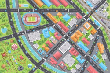 Vector illustration. City view from above. Streets, houses, buildings, roads, crossroads, park, station, stadium, trees, cars. (top view) 