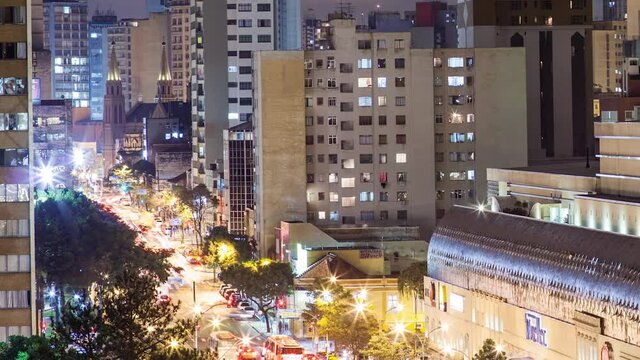Time lapse of the traffic and the buildings at night, Curitiba, Parana, Brazil