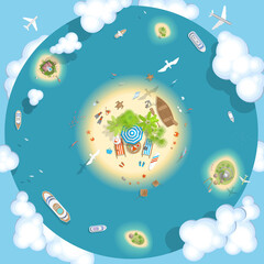 Vector illustration. The islands and ships. (top view) Summer time.  
A romantic vacation on the island in the sea. (View from above)
Time to travel - sun, sea, island, sand, yacht, airplane, clouds. 
