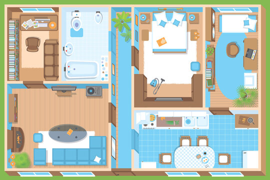 Vector illustration. Apartment floor plan. (top view) Furnished flat. (view from above) Interior architecture. Living room, bedroom, kitchen, bathroom, nursery, office.