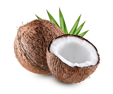 Coconut with half and leaves isolated on white background as package design element