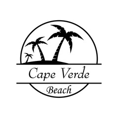 S&iacute;mbolo destino de vacaciones. Icono plano texto Cape Verde Beach en c&iacute;rculo con playa y palmeras en color negro