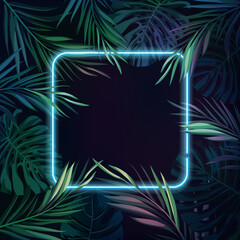 Fototapeta na wymiar Tropical glowing neon frame. Dark night jungle palm leaves. Summer vector background illustration.