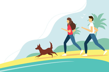Woman and man running with the dog on the beach. Summer vector illustration in flat style. 