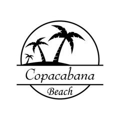Fototapeta premium Símbolo destino de vacaciones. Icono plano texto Copacabana Beach en círculo con playa y palmeras en color negro