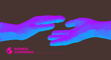 Hands reaching towards each other. Concept of human relation, togetherness or  partnership. Connection structure. 3D vector illustration.