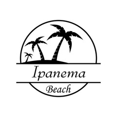 Símbolo destino de vacaciones. Icono plano texto Ipanema Beach en círculo con playa y palmeras en color negro