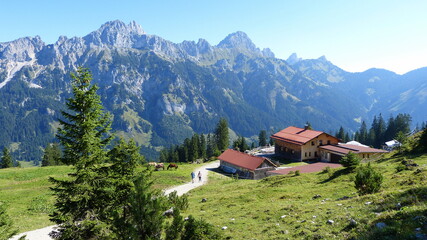 Fototapeta na wymiar Krinnenalpe im Tannheimer Tal mit Blick auf die Tannheimer Berge, Österreich
