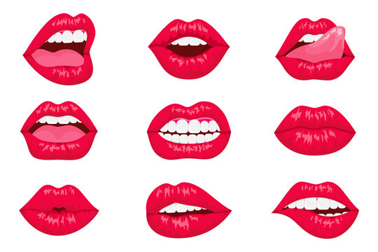 Pop art woman lips set. Sexy mouth. Fashion design. smiling cartoon lips isolated decorative icons for party presentation