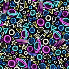 Bright neon seamless pattern with hand-drawn space on a black background Planets, comets, stars, meteorites