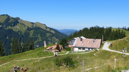 Fototapeta na wymiar Nesselwängler Edenalpe unterhalb der Krinnenspitze in den Tannheimer Bergen, Österreich