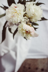bouquet of white peonies in a vase, flowers in a bottle. on a white background white flowers