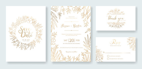 Gold Wedding Invitation, save the date, thank you, rsvp card Design template. Vector. Silver dollar, olive leaves.