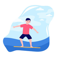 Fototapeta na wymiar Young boy surfing on sea. Balance, summer, vacation flat vector illustration. Sport and active leisure concept for banner, website design or landing web page