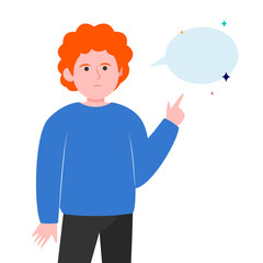Red-haired guy pointing at empty speech bubble. Finger, chat, network flat vector illustration. Communication and message concept for banner, website design or landing web page