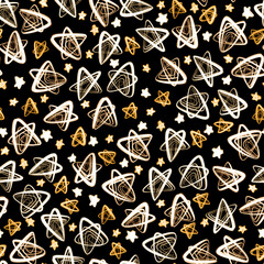 Fototapeta premium Vivid neon seamless pattern with hand drawn golden stars on a black background