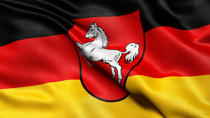 Flag of Lower Saxony waving in the wind. 3D illustration.