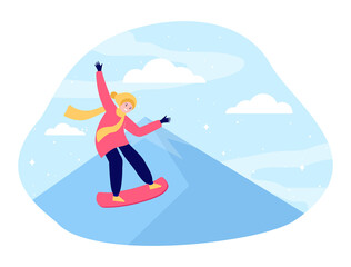 Fototapeta na wymiar Young cartoon person snowboarding from mountain. Winter, snowboard, extreme flat vector illustration. Sport and active leisure concept for banner, website design or landing web page