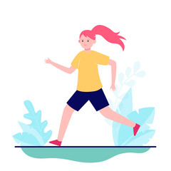 Young girl running or jogging on nature. Healthcare, training, athlete flat vector illustration. Sport and active leisure concept for banner, website design or landing web page