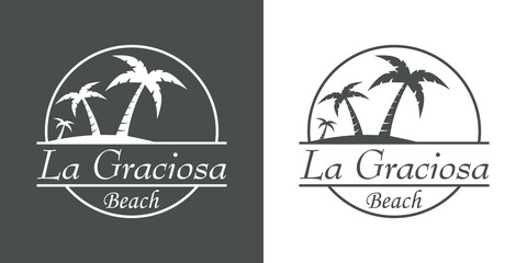 Símbolo destino de vacaciones. Icono plano texto La Graciosa Beach en círculo con playa y palmeras en fondo gris y fondo blanco