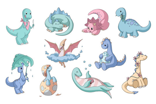 Set of cute cartoon dinosaurs (herbivores, flying and swimming, predators). Pastel colors. Vector illustration. Isolated objects on white background for kids products.