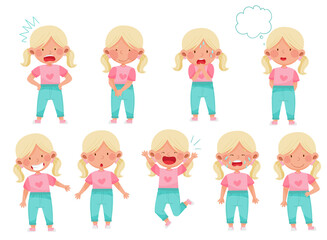 Obraz na płótnie Canvas Emoji Girl with Ponytails Feeling Sadness and Excitement Vector Illustration Set