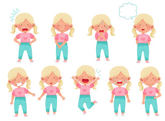 Fototapeta premium Emoji Girl with Ponytails Feeling Sadness and Excitement Vector Illustration Set