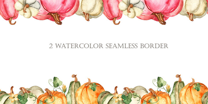 Watercolor seamless border with colored pumpkins, leaves, flowers