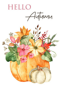 Watercolor card with pumpkins, autumn leaves, flowers, harvest festival, Thanksgiving