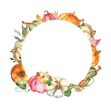 Watercolor round frame with pumpkins, autumn leaves, flowers.