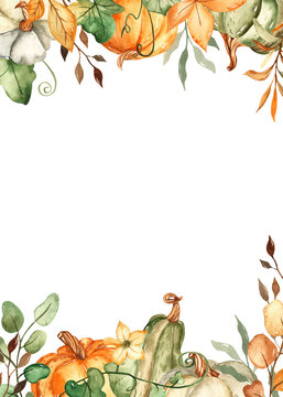 Watercolor rectangular frame with pumpkins, autumn leaves, flowers.