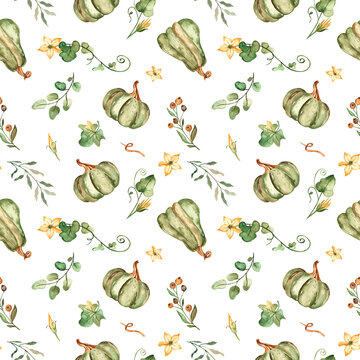 Watercolor seamless pattern with green pumpkins, leaves, branches on a white background.