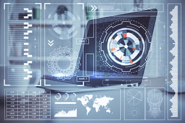 Double exposure of computer and technology theme hud. Concept of innovation.