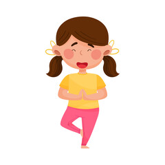 Girl Character Standing in Yoga Pose and Breathing Vector Illustration