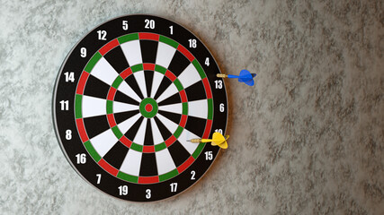 blue and yellow dart on dartboard with low scores. Business out of target or not successful concept