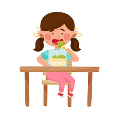 Girl Character Sitting at Kitchen Table and Eating Broccoli Vector Illustration