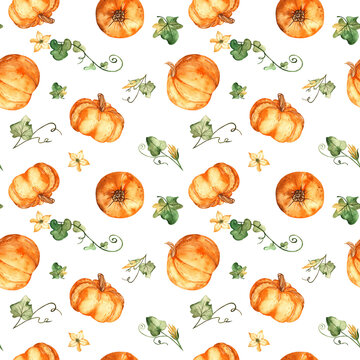 Watercolor seamless pattern with orange pumpkins, leaves, flowers on a white background.