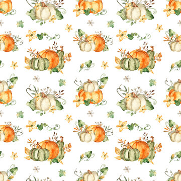 Watercolor seamless pattern with pumpkin compositions on a white background.