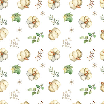 Watercolor seamless pattern with white pumpkins, leaves, branches on a white background.