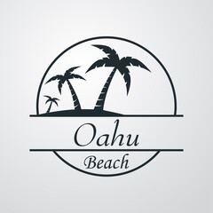 Fototapeta premium Símbolo destino de vacaciones. Icono plano texto Oahu Beach en círculo con playa y palmeras en fondo gris