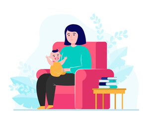 Mother sitting in armchair and holding little baby. Kid, infant, toddler flat vector illustration. Family and parenting concept for banner, website design or landing web page